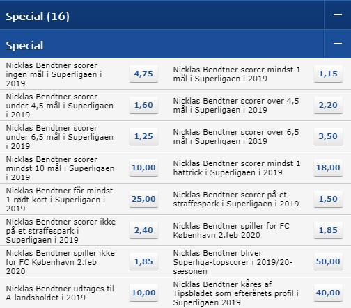 Odds på Nicklas Bendtner hos Danske Spils Oddset
