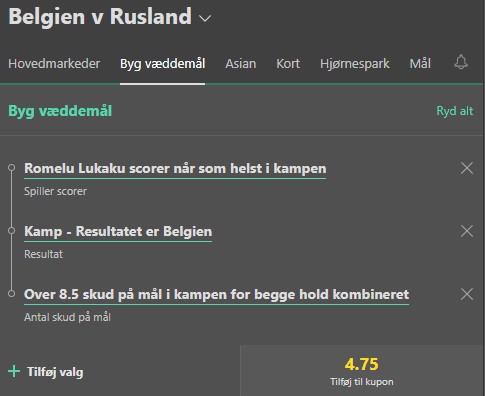 Screenshot af spilforslag til Belgien vs Rusland ved EM 2020 hos bet365.