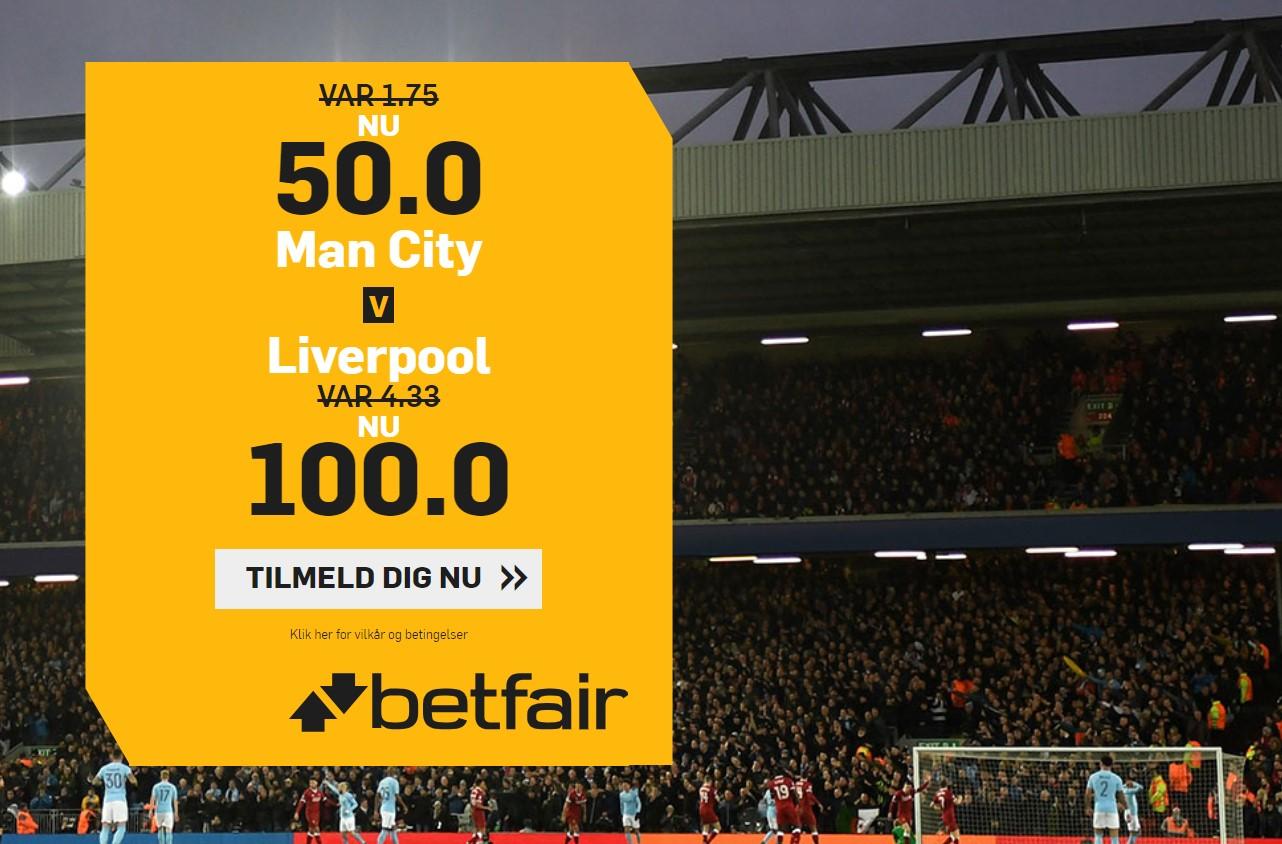Manchester City - Liverpool tilbud: Få odds 50.00 eller 100.00 på holdene