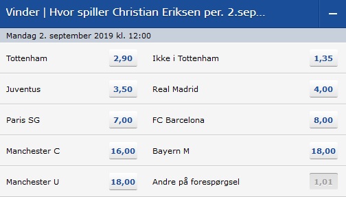 Odds på Christian Eriksen klubskifte hos Oddset på Danske Spil